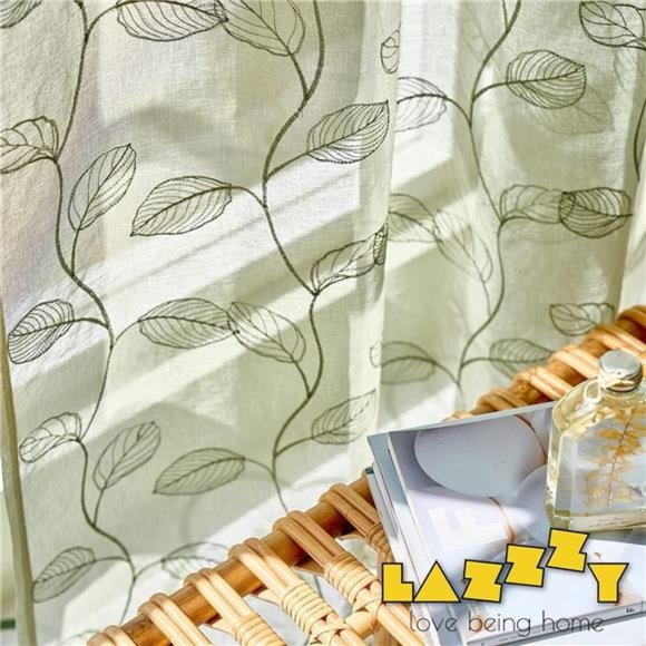 Sage Sheer Curtains Leaf Embroidered 96 Inch Long for Living Room Bedroom Rod - Picture 2 of 7